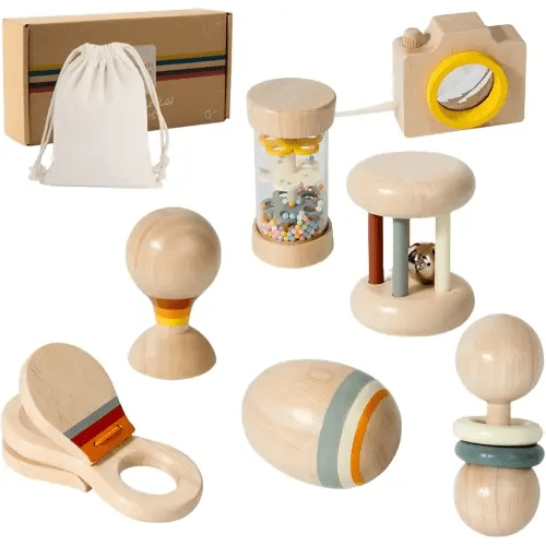 7 PCS Wooden Baby Toys Set - Organic Infant Rattles Newborns 0-6 Month & Montessori-Inspired Musical Instruments for 0-12 Month - Natural Toddler Developmental Toys