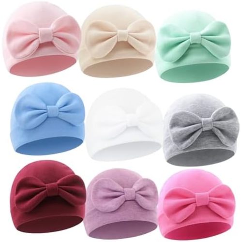 QandSweet Baby Girl Hats Sewn Bow Cotton Infant Beanie Cap Newborn Hospital Hat 0-6 Months