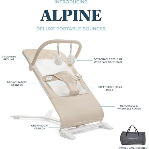 Baby Delight Alpine Deluxe Portable Bouncer, Infant, 0-6 Months, 100% GOTS Certified Cotton Fabrics, Organic Oat
