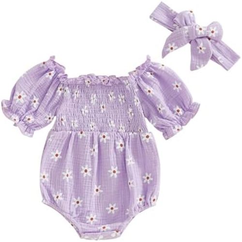 Newborn Baby Girl Summer Clothes Daisy Print Short Sleeve Smocked Romper Bodysuit with Headband Cute Baby Outfits