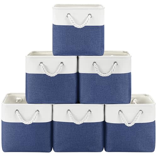 Patvingot 11x11 Cube Storage Bins, 6 Pack Foldable Fabric Organizer Bins with Rope Handles, Storage Cubes for Bedroom, Living Room, Clothes and Toys, Shelves and Closet (White & Blue)