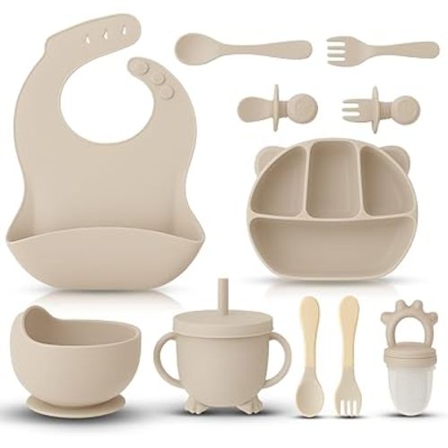 12 Piece BPA-Free Silicone Baby Feeding Set,Non-Slip Suction Plates,Soft Baby Bowls, Wooden Utensils & More ，Make Feeding Time Safe,Dishwasher Safe – Ideal for 6+ Months