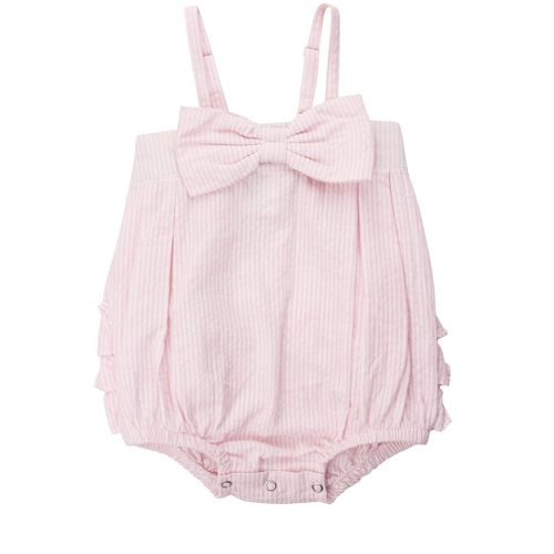 RuffleButts Baby/Toddler Girls Pink Striped Seersucker Bubble Romper w/Bow - 3-6m