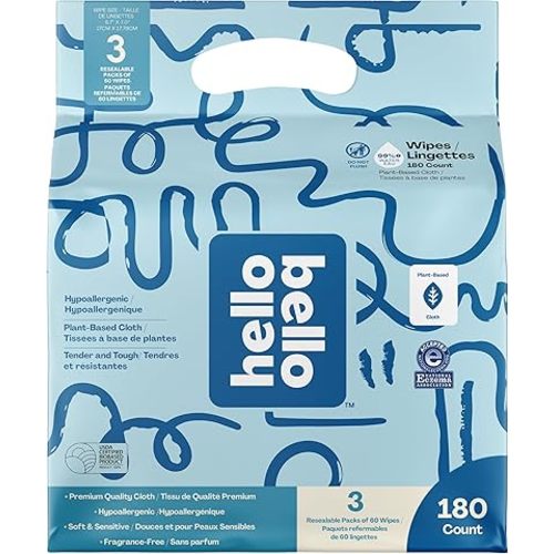 Hello Bello Extra Gentle Unscented Baby Wipes, Plant Based, Made with 99% Water and Aloe for Babies and Kids, 60 Count (Pack of 3) Total 180 Count