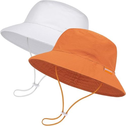 2-Pack Baby Sun Hat Kids Summer UPF 50+ Toddler Bucket Hat Wide Brim Adjustable Beach Hats for Boys Girls Age 0-6 Years - 6-24 Months - 2 Pack (Brown + White)