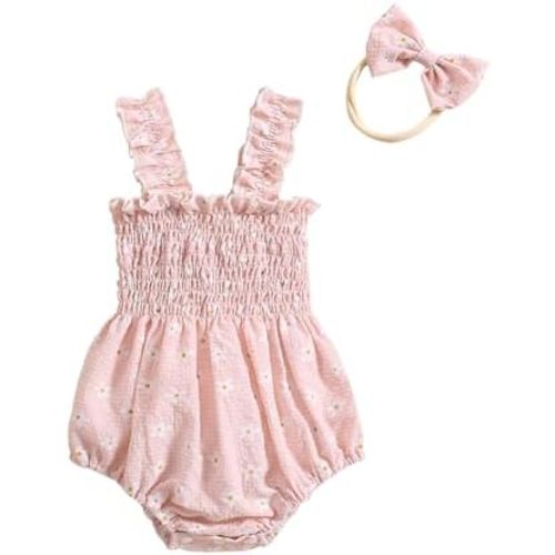 Kuriozud Newborn Baby Girl Smocked Bubble Romper Floral Halter Jumpsuit Headband Outfit Infant Clothing Cute Summer Clothes