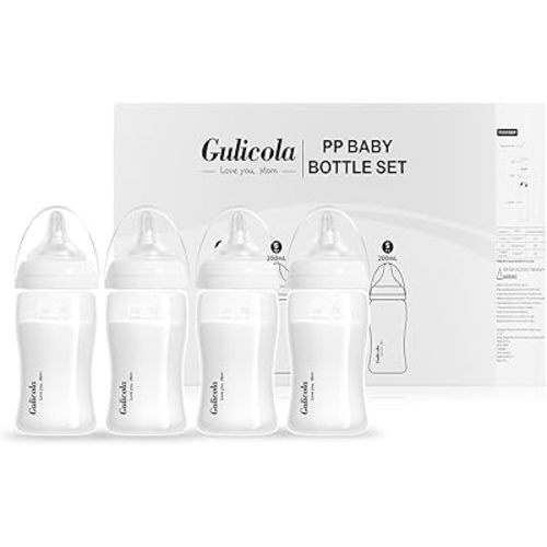 Natural Breastfeeding Bottles Wide Neck, Newborn Baby Bottles with Slow Flow Nipples (S), 0 Months +, BPA Free PP, 7 oz & 4 Pack - White