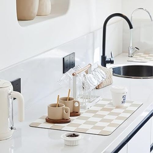 Checkered Dish Drying Mat for Kitchen Counter, Coffee Bar, Coffee Station Accessories, Retro Cute Aesthetic Modern Absorbent Coffee Mat Kitchen Drying Mat Easy Clean, Beige 16" x 24"