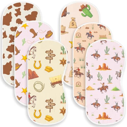 Spriggenix 6 Pack Western Burp Cloths Baby Boys Girls with Cowboy Pattern, Large Cotton Wild West Burp Rags for Newborns Gifts Nursery Decor Extra Soft and Absorbent 9.8X19.6inches