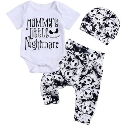 Night Christmas Baby Mommy's Little Nightmare Letter Print Bodysuit Pants and Hat Outfit Set Newborn to Infant