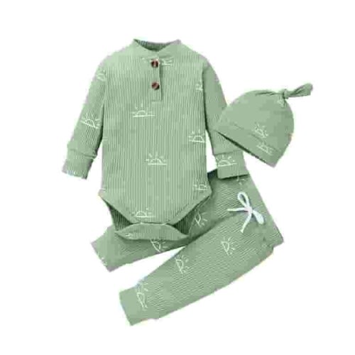 Newborn Infant Baby Boy Clothes Long Sleeve Romper Pants Headband Hat Outfits Set ( 0-3 Months, Green)