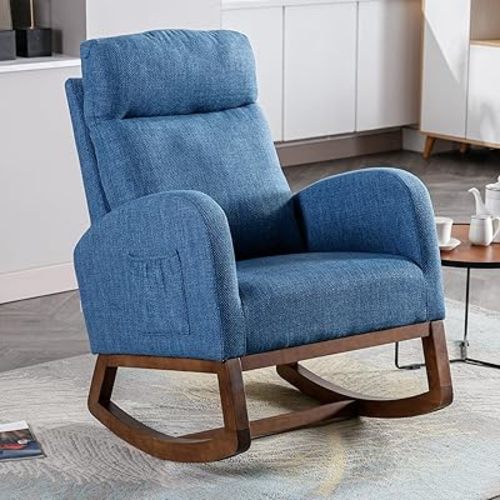 Rocking Chair Nursery, Glider Chair with High Back and Side Pocket, Solid Wood Frame Armchair with Non-Slip Padding for Nursery, Living Room, Bedroom(Blue)