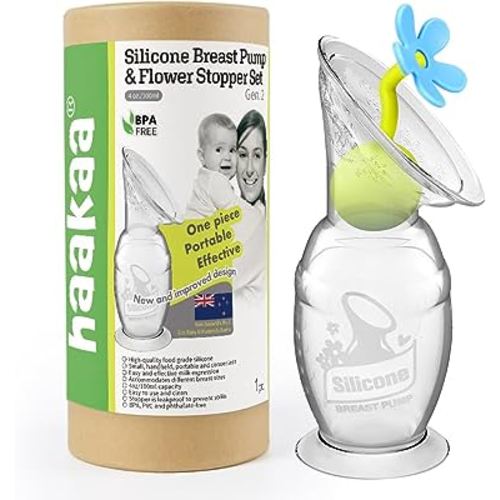 haakaa Manual Breast Pump Silicone Breastpump Milk Pump Milk Saver with Suction Base and Flower Stopper 100% Food Grade Silicone BPA Free (4oz/100ml) (Blue)