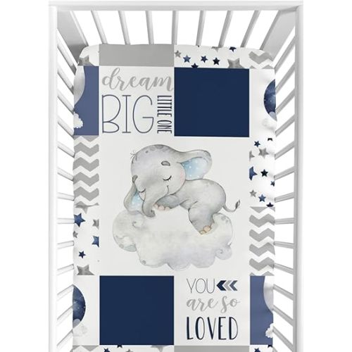 HawSkgFub Navy Blue Sleeping Elephant Fitted Standard Crib Sheet Baby Boy, Dream Big Little One You are So Loved Patchwork Toddler Mattress Cover, Soft Stretchy Nursery Bed Decor Kid Gift 52” x 28”