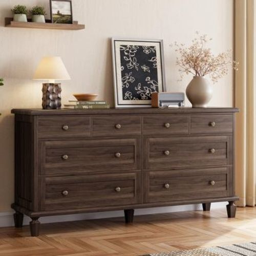 59" Wide Vintage 8 Drawer Wood Dresser with Carved Handles & Tapered Legs for Bedroom