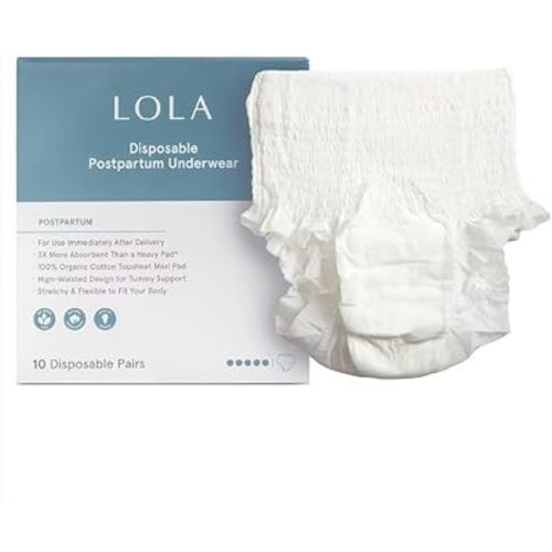 LOLA Postpartum Underwear with Organic Cotton Max Absorbency for Postpartum Bleeding - Pregnancy Hospital Bag Essentials - 10 Count