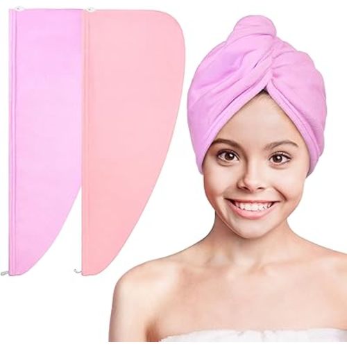 Basumee Microfiber Hair Towel Wrap for Kids 2 Pack Rapid Drying Hair Towel with Button Hair Turbans for Wet Hair Wraps Head Towel Wrap for Women and Girls