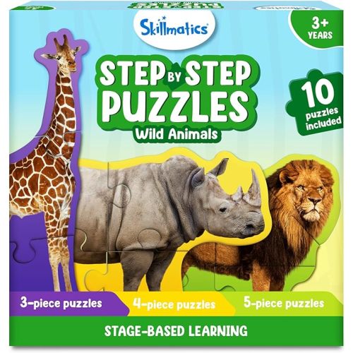 Skillmatics Step by Step Puzzles - 40 Piece Jigsaw & Toddler Puzzle, Montessori Educational Toy for Boys & Girls, Wild Animals, Travel Friendly, Gifts for Kids Ages 3, 4, 5 and Up