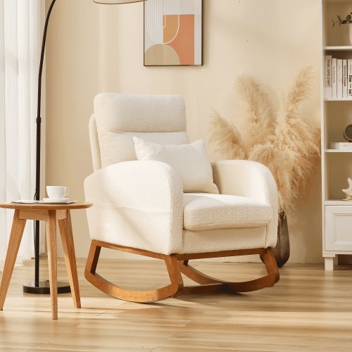 EROMMY Indoor Rocking Accent Chair Indoor, Glider Chair with Pillow, Blanket,Sturdy Solid Wood Base, for Living Room, Bedroom & Baby Room, Beige
