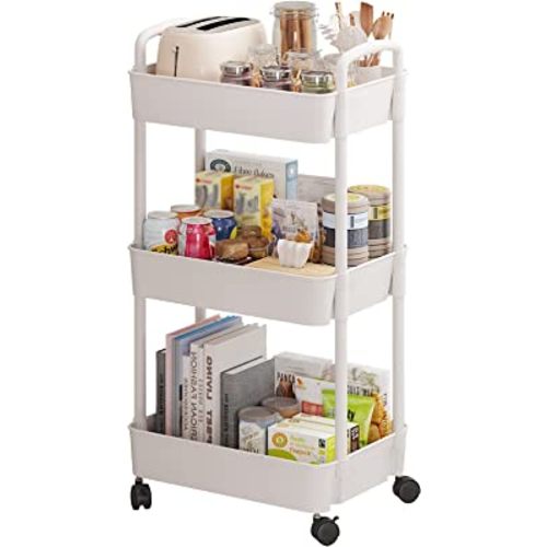 Sywhitta 3-Tier Plastic Rolling Utility Cart with Handle, Multi-Functional Storage Trolley for Office, Living Room, Kitchen, Movable Storage Organizer with Wheels, White