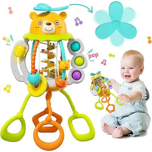 HOLA Montessori Toys for 1 Year Old Boy-Rattle Teething Toys Baby Toys 0-6 Months Baby Toys 6-12 Months, Silicone Pull String Toys Sensory Toys for 1 Year Old Girl Gifts Christmas Stocking Stuffers