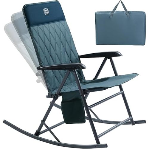 TIMBER RIDGE Adjustable Rocking Camping Chair, Padded High Back Outdoor Rocking Chair with Side Pocket, Portable Folding Rocker Chair for Adults, Supports 300 LBS for Lawn Patio Porch, Blue-1 Pack