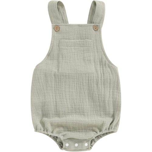 Sasaerucure Baby Cotton Linen Overalls Solid Color Sleeveless Square Neck Backless Romper for Boys Girls