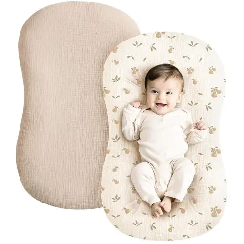Konssy Muslin Baby Lounger Cover 2 Pack, 100% Cotton Newborn Lounger Cover, Soft and Breathable Baby Nest Slipcover for Boys Girls (Summer Wheat, Pear)