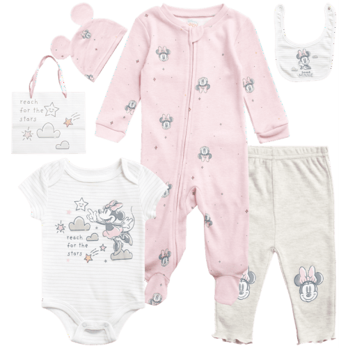 Disney Newborn Baby Layette Set - 6 Piece Disney Bodysuit Coveralls Sweatpants, Hat, Gift Bag (0-6M)