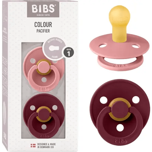 BIBS Pacifiers Colour Collection | Natural Rubber Baby Pacifier | Set of 2 BPA-Free Soothers | Made in Denmark | 0+ Months (Pack of 2) | Dusty Pink/Elderberry