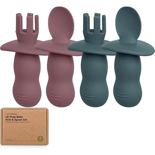 KeaBabies 4-Pack Silicone Baby Spoons and Forks Set - Baby Spoon Self Feeding, BLW Baby Utensils 6-12 Months, Baby Led Weaning Feeding Spoon, Teething Infant Baby First Food Training Pre Spoon (Rocky)