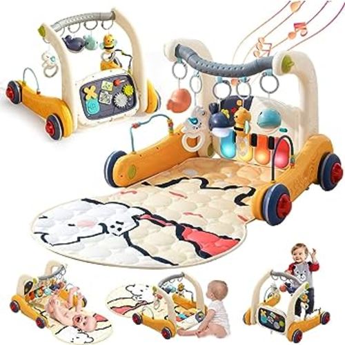 Baby Play Mat Gym,4-in-1 Baby Kick and Play Piano Tummy Time Mat Learning Walker-Musical Activity Center with Lights Seat and Push Walkers Gifts for Baby Newborn 0-6-12 18 Months Boy Girl