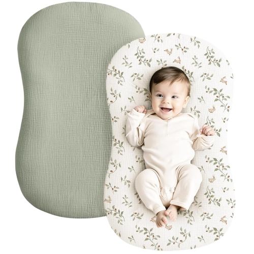 Konssy Muslin Baby Lounger Cover 2 Pack, 100% Cotton Newborn Lounger Cover, Soft and Breathable Lounger Slipcover for Boys Girls, Covers Only (Rabbit,Fog Green)