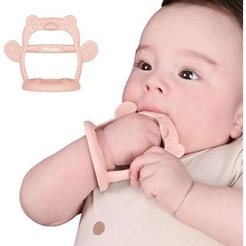 Baby Wrist Silicone Teether Soothing Pacifier for Infants 3+ Months Babies Made in Korea Anti-Dropping (Bear-Pale Peach Pack of 1)
