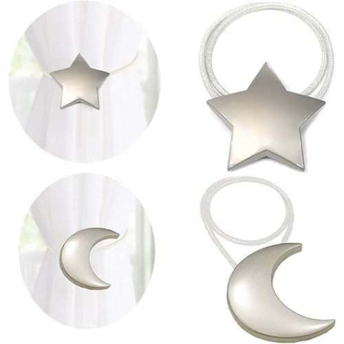 Magnetic Curtain Tiebacks 1 Pair Curtain Clips Rope Holdbacks Moon and Star Shape Window Curtain Tie Backs Silver for Home Office Art Decorative Drapes