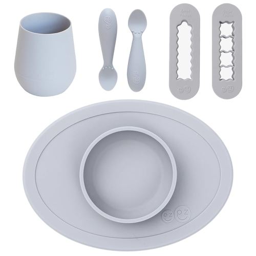 ezpz First Foods Bundle 6m+ (Pewter) Tiny Bowl + Tiny Spoons + Tiny Cup + Food Cutters Baby Essentials