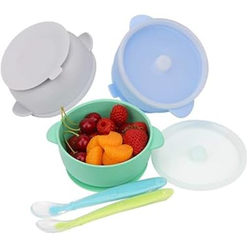 KingKam Baby Bowls and Spoons, Suction Bowls for Baby, Toddler Self-Feeding Set, Leak-Proof Silicone Bowls with Lid, Dishwasher & Microwave Safe
