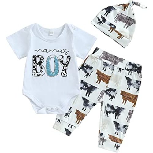 SAYOO Western Newborn Baby Boys Cowboy Outfits Cow Print Letter Bodysuit+Long Leggings+Cap 3pcs Infant Boy Country Clothes (Cow Head-White C, 0-3 Months)