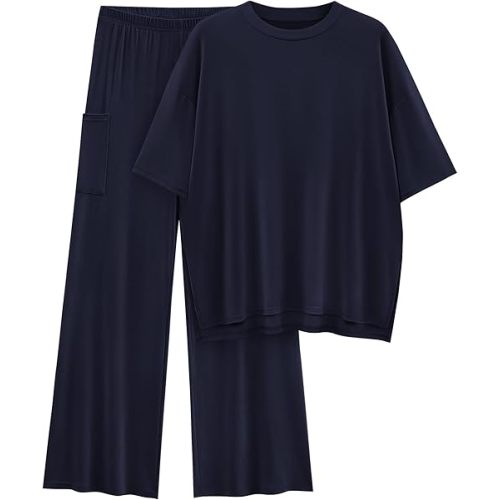 KIRUNDO Womens 2 Piece Outfits 2025 Summer Casual Loose Short Sleeve Pullover Tops & Wide Leg Pants Lounge Sets Tracksuit