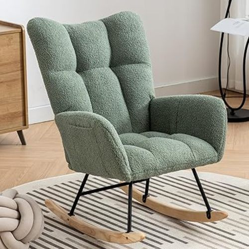 Rocking Chair Nursery, Teddy Upholstered Glider Rocker with High Backrest, Reading Chair Modern Rocking Accent Chairs Glider Recliner for Living Room, Nursery, Bedroom,Light Green