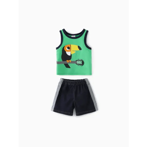 Baby Boy 2pcs Bird Print Tank Top and Cooling Denim Shorts Set