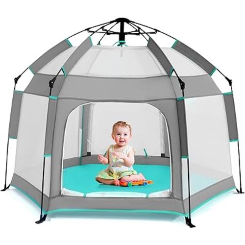Baby Playpen with Canopy, Portable Baby Beach Tent, Toddler Play Yard Indoor and Outdoor, Foldable Mosquito Net for Infant - Grey