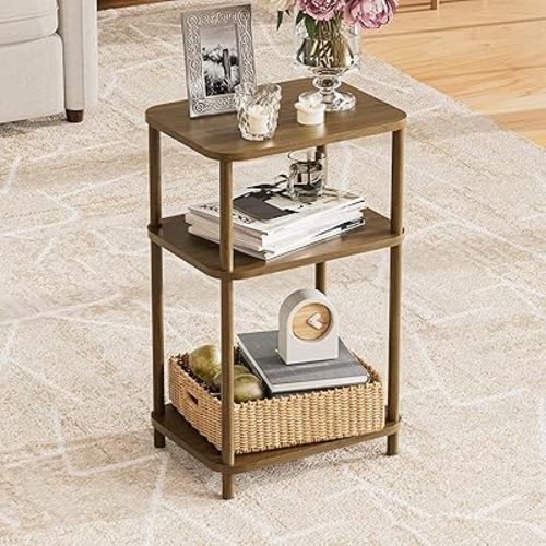 Bamboo End Table, Side Table for Small Space with Storage Shelf, Small Table Stand, Narrow Wooden Bedside Table Nightstand, Toolless Assembly, for Nursery, Living Room, Bedroom, Brown