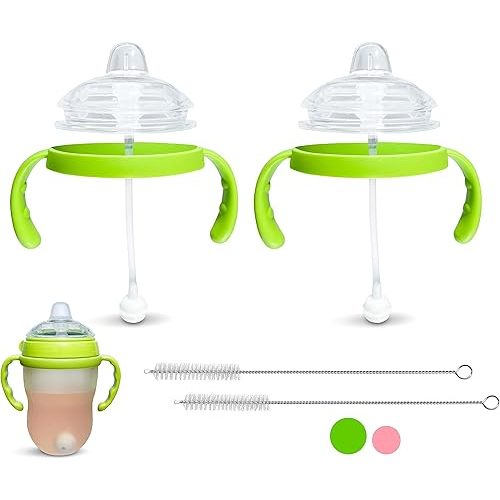 Sippy Cup Conversion Kit for Comotomo Baby Bottles | 2-Count | with Soft Silicone Sippy Spout Nipples, Weighted Any Angle Straw Ball, Bottle Handles and Straw Cleaning Brush (Sippy Spout, Green)