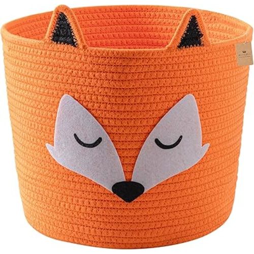 Fox Basket, Woven Cotton Rope Storage Basket for Baby, Baby Nursery Hamper with Handles, Orange Animal Storage Baskets for Nursery, Kids Room Organizer, Cat Dog Toy Storage