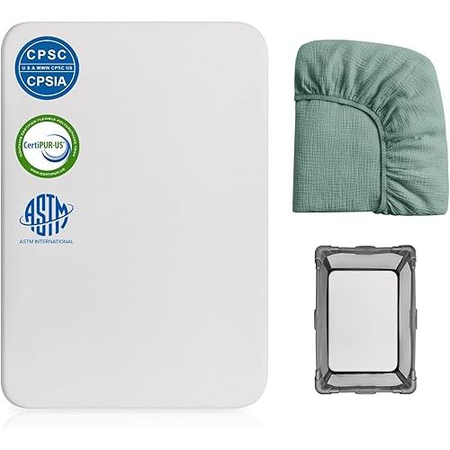 Pack and Play Mattress Pad, 38x26 High Density Foam Pack N Play Mattresses with Ultra-Soft Jacquard Cover, Green Muslin Cover for Replacement, Portable and Machine Washable, White
