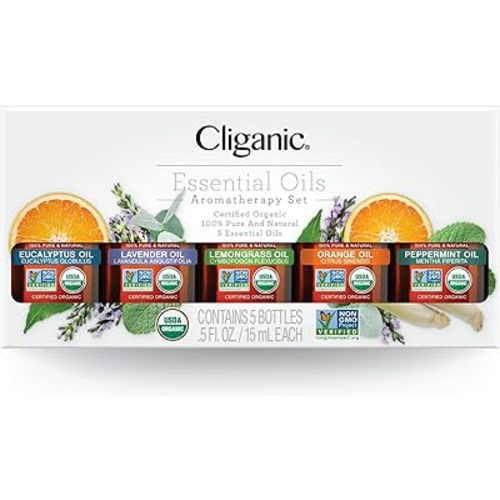 Cliganic Organic Essential Oils Set (Top 5 x 15ml) - 100% Pure Natural - Aromatherapy, Candle Making - Peppermint, Lavender, Eucalyptus, Lemongrass & Orange