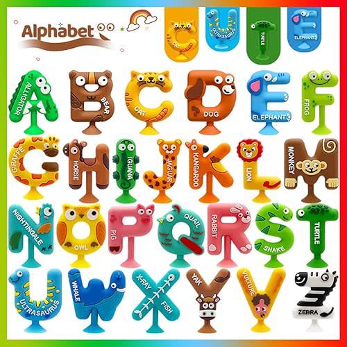 Suction Toys Kids Bath Toy for Toddler Aged 3, 26PCS Animal Alphabet, Montessori Sensory Toy Gift for Kids Aged 3-12, Educational Spelling for Autism/ADD/ADHD