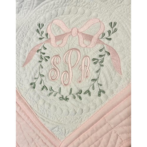 Personalized Heirloom Baby Quilt w/vine frame large Blush or pink bow w/three letter monogram,custom embroidered quilt w/monogram and design