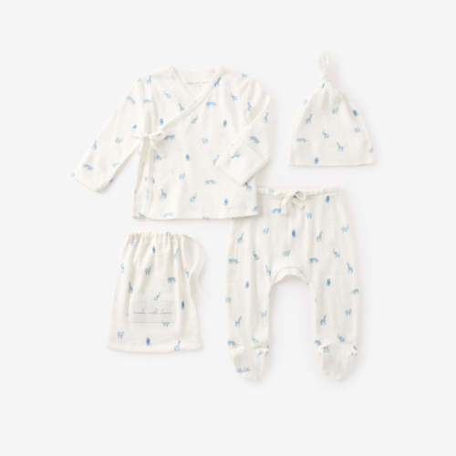 Blue Safari Print Organic Cotton Pointelle Layette 3 Pc Gift Set BLUE / Preemie